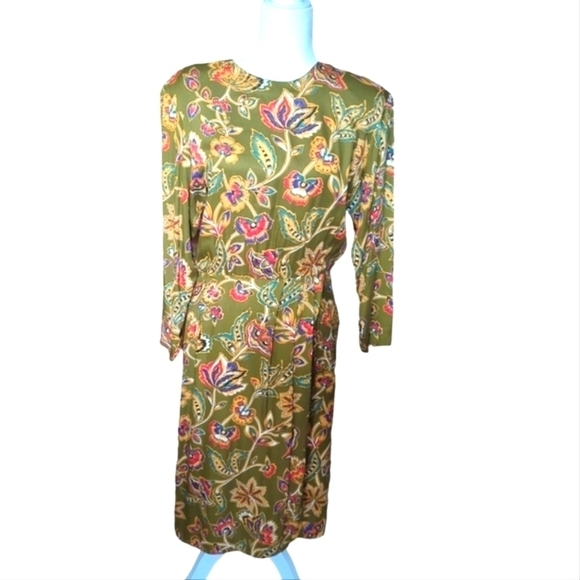 Vtg Cottagecore rayon long sleeve olive green Office Siren Floral dress Sz 6 - Picture 10 of 12